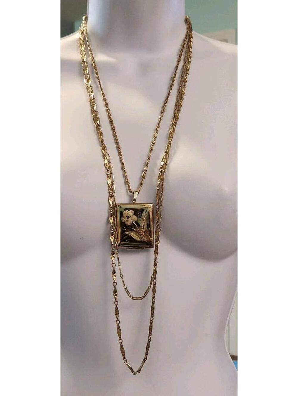 Vintage Necklace Photo Locket Multichain Goldtone Layered Necklace